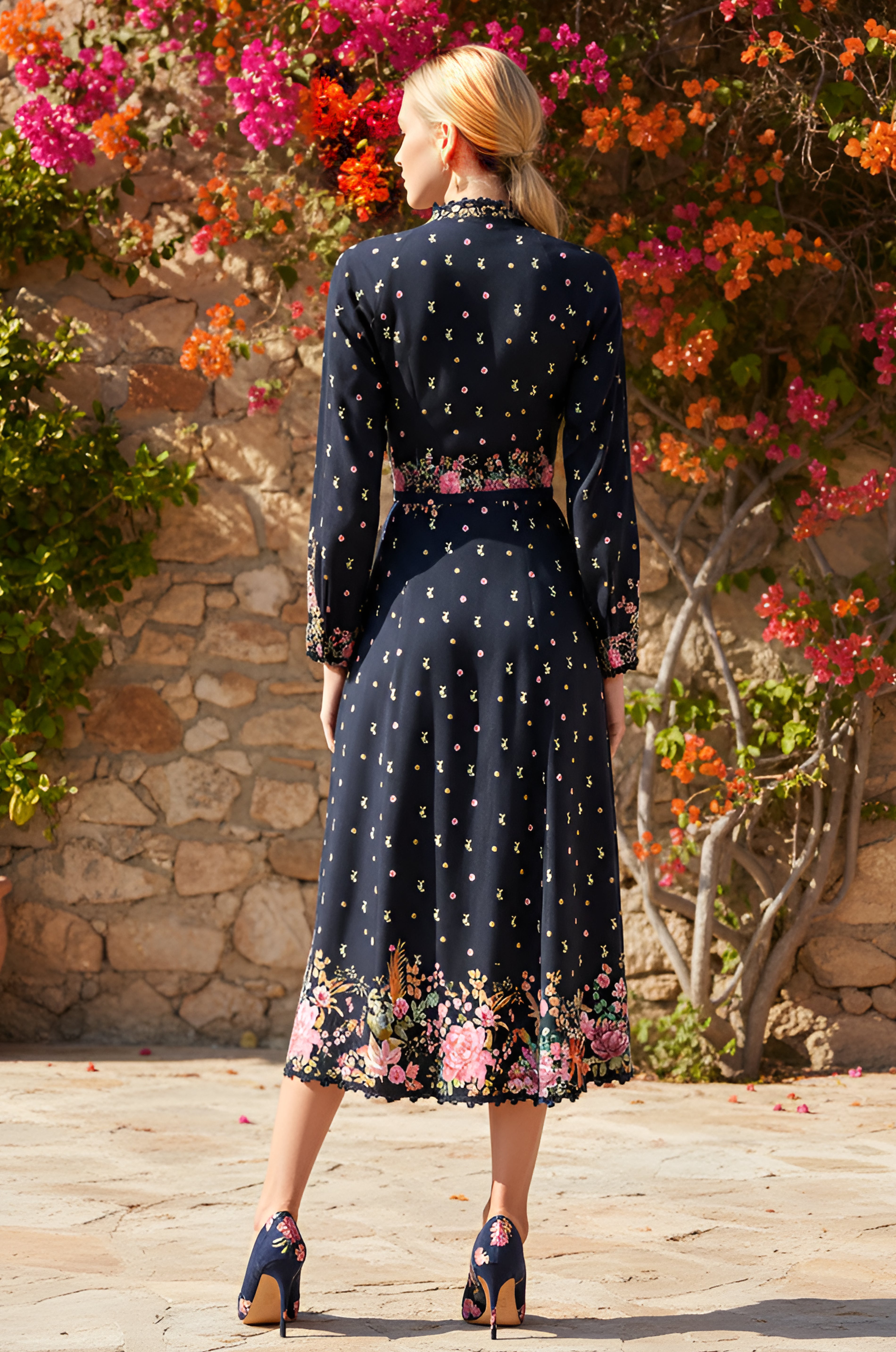 A woman stands outdoors facing away, wearing the Anna Black Floral Long Sleeve Midi Dress with matching heels—an elegant choice for wedding guests—set against colorful flowers and a stone wall.